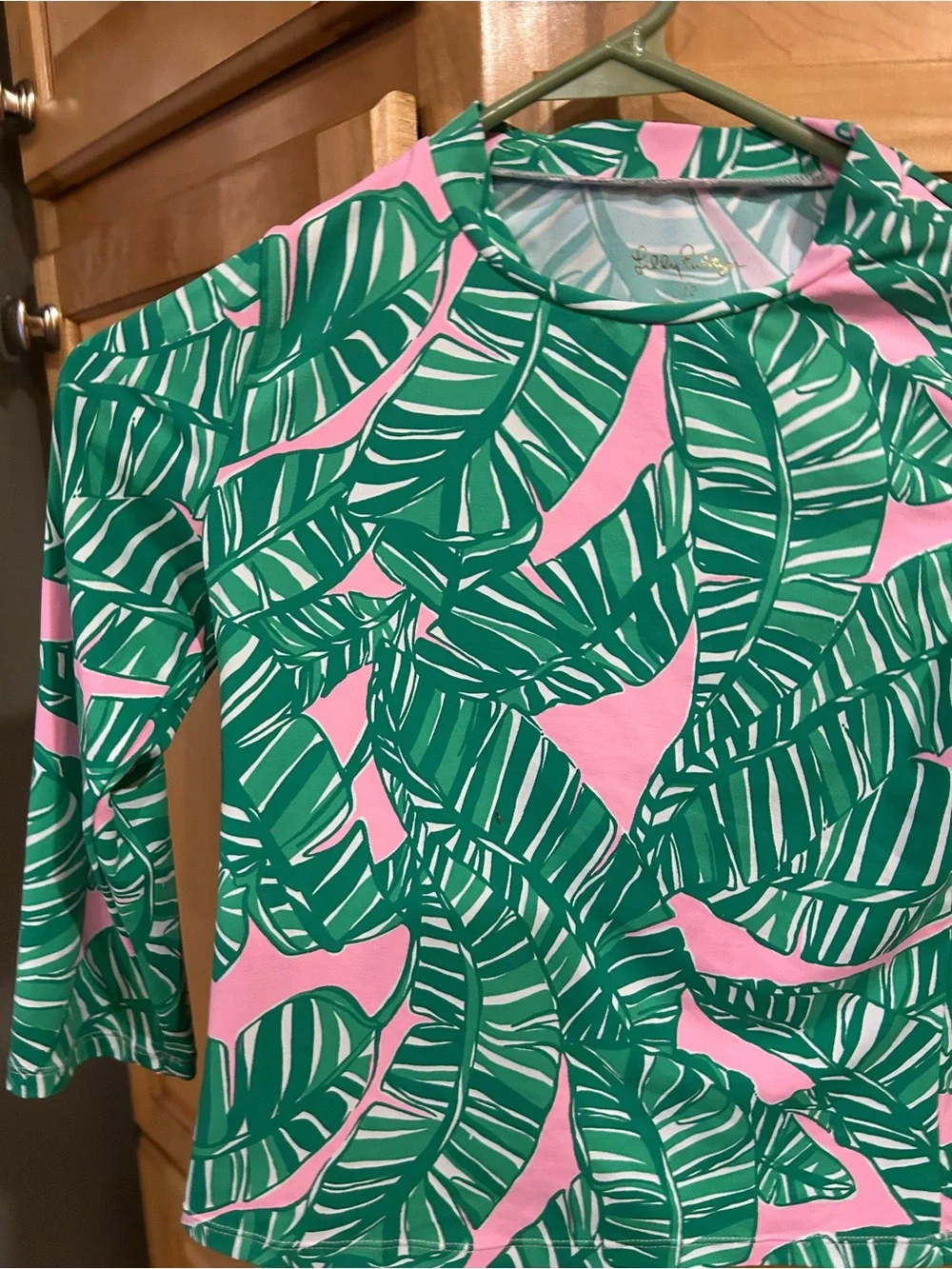 Lilly Pulitzer Green and Pink Tropical Leaf Rash Guard Skirt Swimsuit Set
